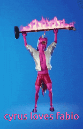 a unicorn holding a hammer over his head with the words cyrus loves fabio