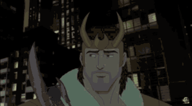 a cartoon of a man and a monster standing on a city street
