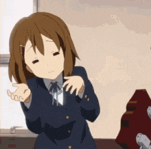 a cartoon girl in a school uniform is standing in front of a window .
