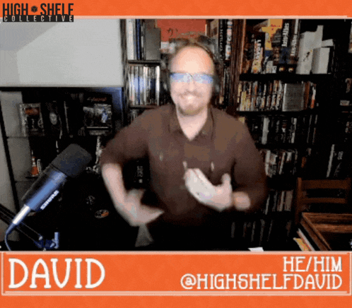 a man wearing headphones and glasses is dancing in front of a microphone with the name david on the bottom
