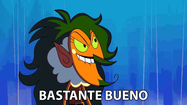 a cartoon character with green hair and the words bastante bueno below him