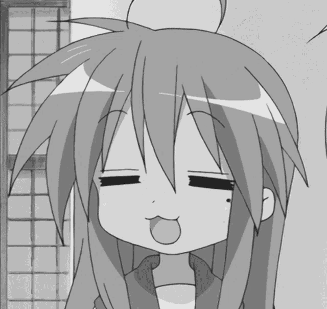 a black and white drawing of a girl making a funny face