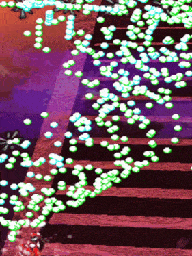 a purple background with a bunch of green circles on it