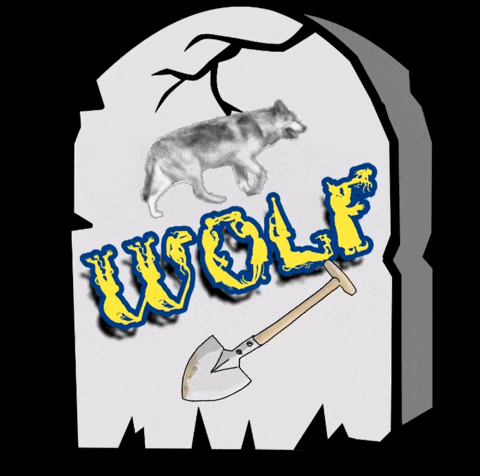 a drawing of a wolf and the word wolf on a gravestone