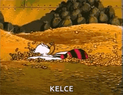 a cartoon character is laying in a pile of coins with the word kelce above him .