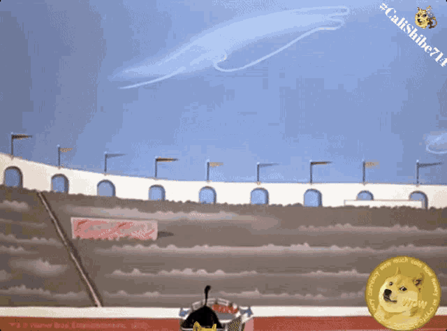 a cartoon of a stadium with a doge coin in front of it