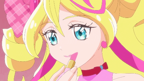 a girl with blonde hair is applying pink lipstick to her lips