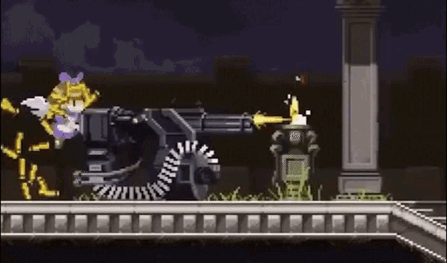 a pixel art of a cannon in a video game with a purple and yellow cartoon character .
