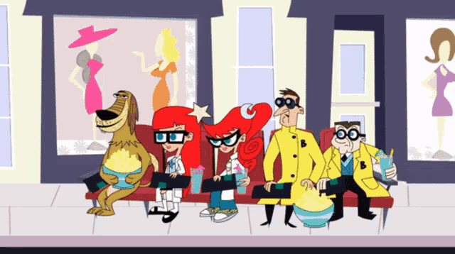 a group of cartoon characters are sitting on a bench in front of a store