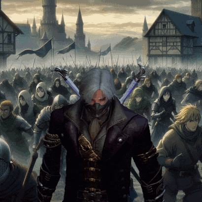 a man in a mask stands in front of a crowd of people with swords
