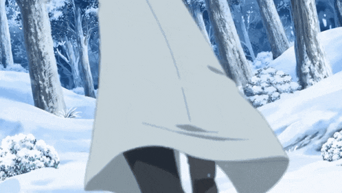 a person is walking through a snowy forest with trees in the background