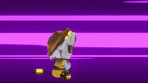 a purple and white striped background with a cartoon character