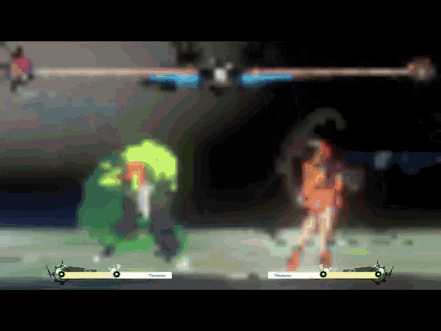 a video game screen shows a green monster and a woman in orange standing next to each other