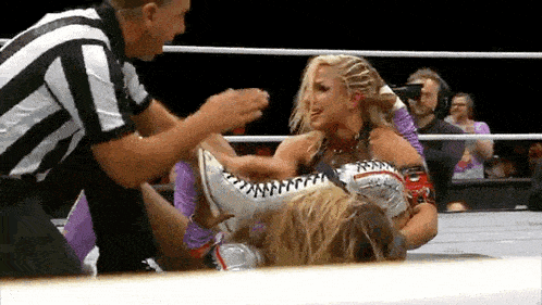 a referee is standing next to a wrestler in a ring .