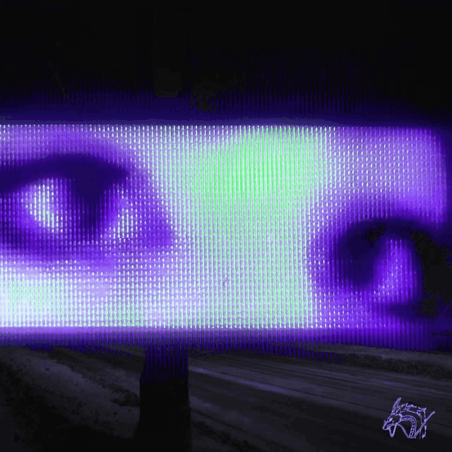 a purple and green image of a person 's eyes is displayed on a screen