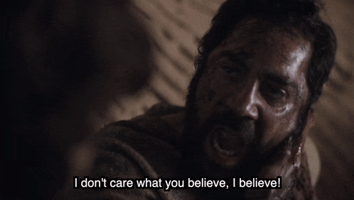a man with a beard says i don 't care what you believe i believe