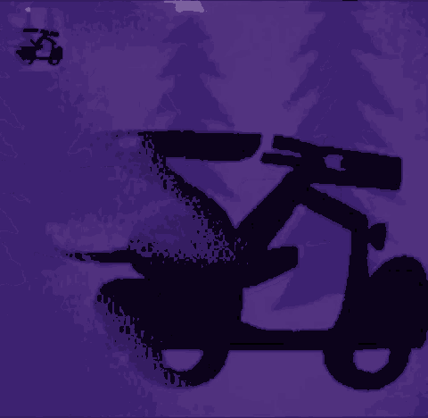 a purple background with a silhouette of a person riding a scooter