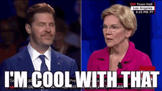 a man in a suit and tie is talking to a woman in a pink jacket who says i 'm cool with that .