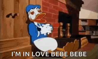 donald duck is sitting in front of a fireplace and saying `` i 'm in love babe bebe '' .