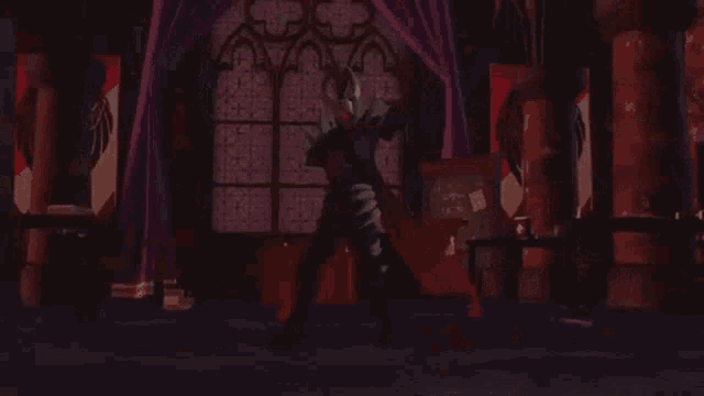 a cartoon character with red eyes is standing in a dark room .