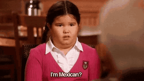 a little girl in a pink sweater is sitting in a chair talking to a man and asking if she is mexican .