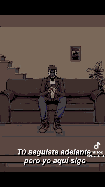 a cartoon of a man sitting on a couch with the words " tu seguiste adelante pero yo aqui sigo " below him