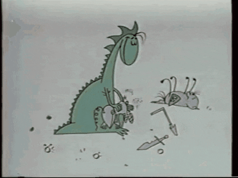 a drawing of a dinosaur and an ant with a shovel in their hand