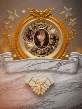a gold frame with a picture of a woman in the center