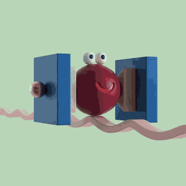a cartoon character with big eyes and a red ball with a smiling face