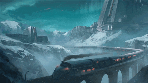 a train going through a snowy landscape with a bridge in the background