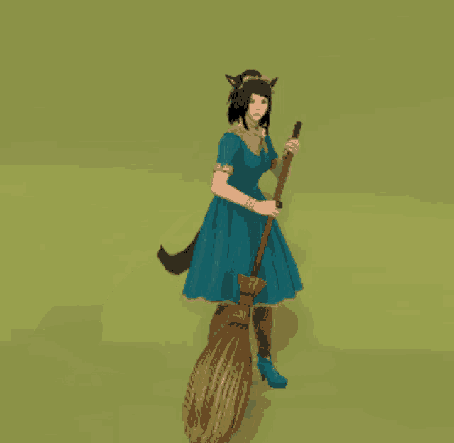 a girl in a blue dress holding a broom
