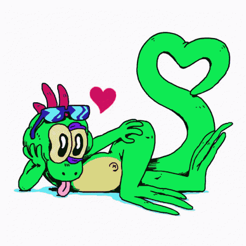 a cartoon drawing of a green lizard wearing sunglasses and a heart tail