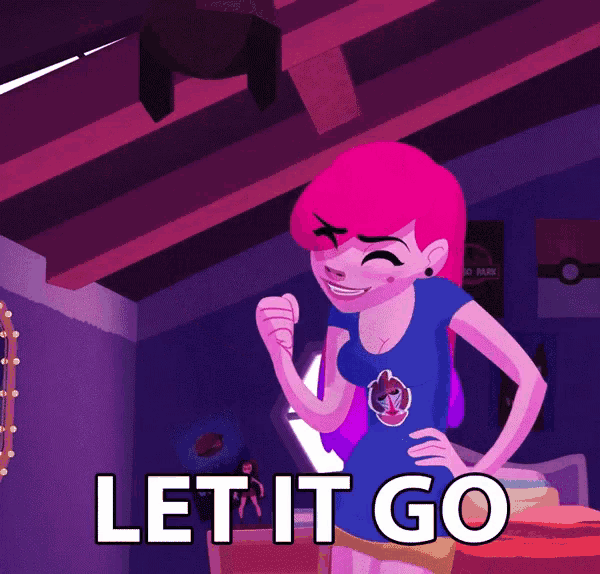 a cartoon of a girl with pink hair and the words let it go