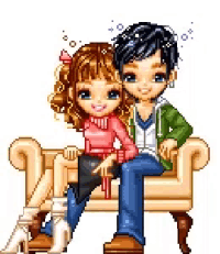 a pixel art of a boy and a girl sitting on a couch .