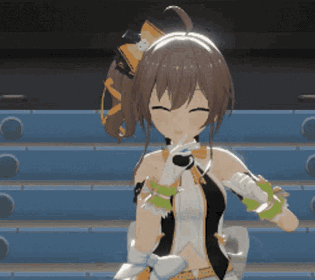 a girl in a video game is holding a microphone and smiling