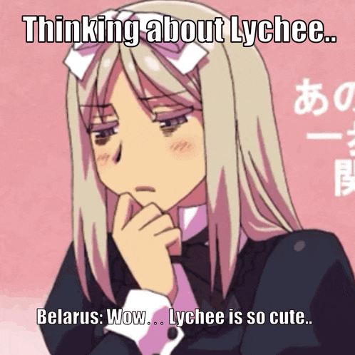 a picture of a girl thinking about lychee and belarus wow lychee is so cute