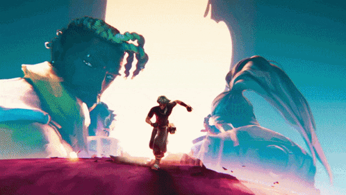 a man with dreadlocks is standing in front of a large glowing object