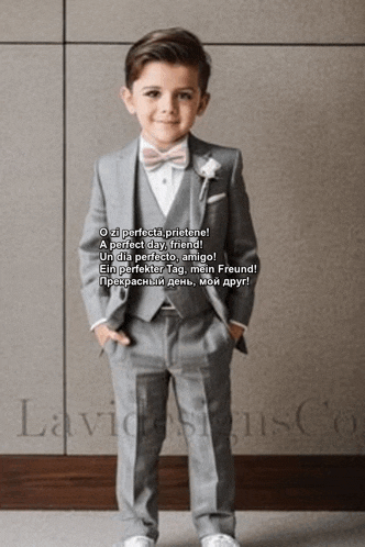 a young boy wearing a suit and bow tie is standing in front of a wall