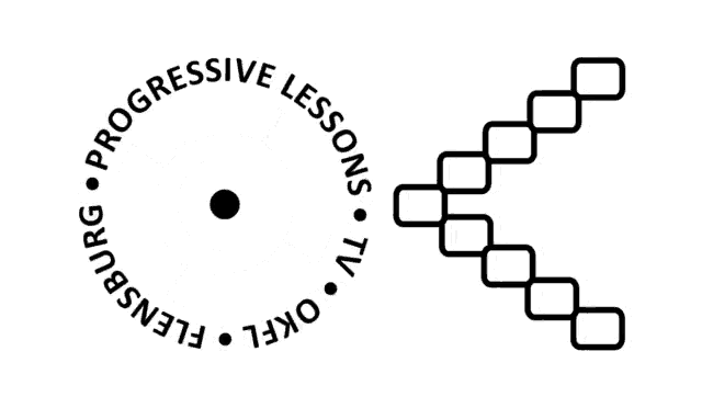 a black and white logo for progressive lessons tv okfl flensburg