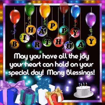 a birthday card with balloons , gifts , and a cake .