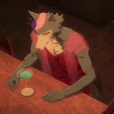 a wolf in a pink dress is sitting at a table with a glass of wine