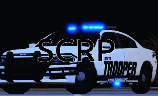 a white police car with the word scrrp on the back