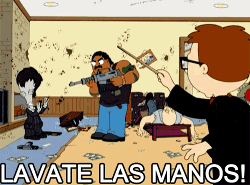 a cartoon shows a man holding a gun and the words " lavate las manos " below him