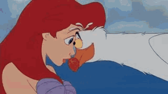 a cartoon of a woman kissing a duck on the nose in a language other than english .