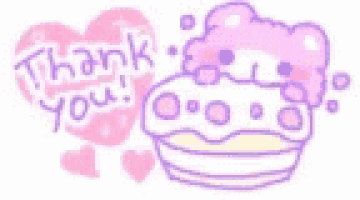 a pink and purple drawing of a cake with the words `` thank you '' written above it .