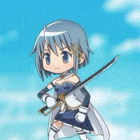 a little girl with blue hair is holding a sword in her hand .
