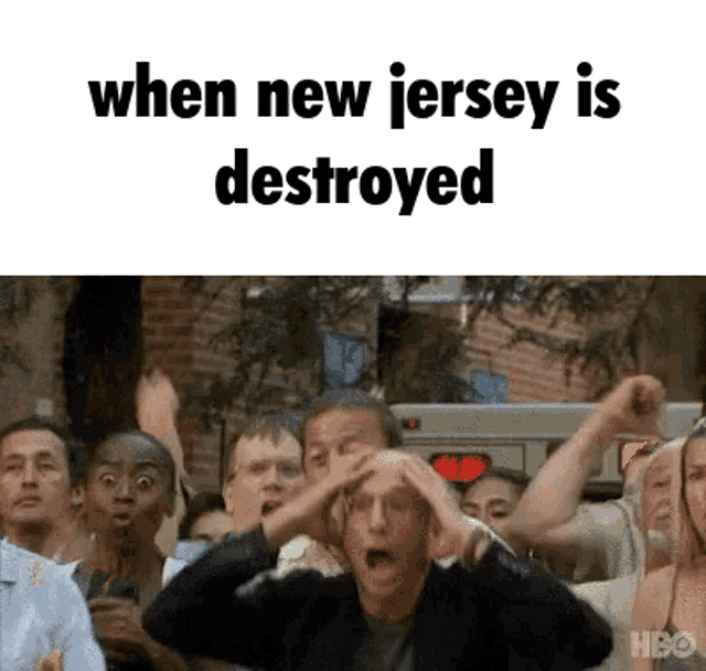 a group of people with their hands on their heads and the words when new jersey is destroyed above them