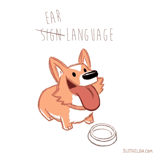 a drawing of a dog with its tongue hanging out and the words " ear sign language " below it