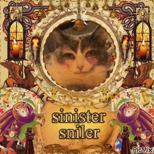 a picture of a cat with the words ' sinister smiler ' written on it
