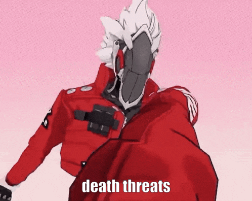 a cartoon character in a red jacket with the words death threats written on it .